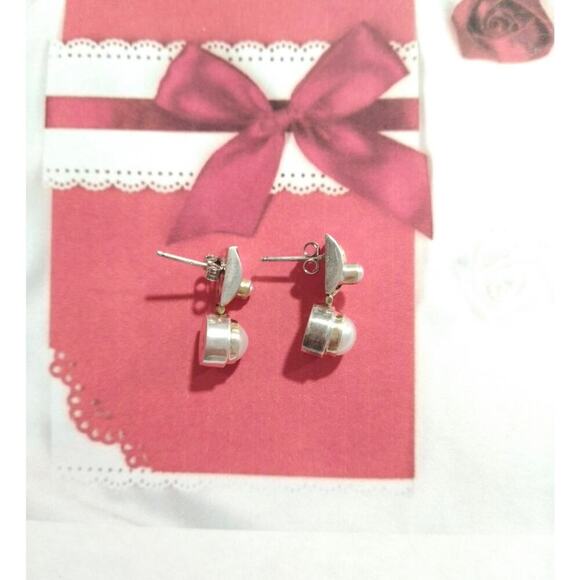 EP Signed Freshwater Pearls Dangle Earrings 14k yellow Gold Sterling Silver 925 - Picture 3 of 10